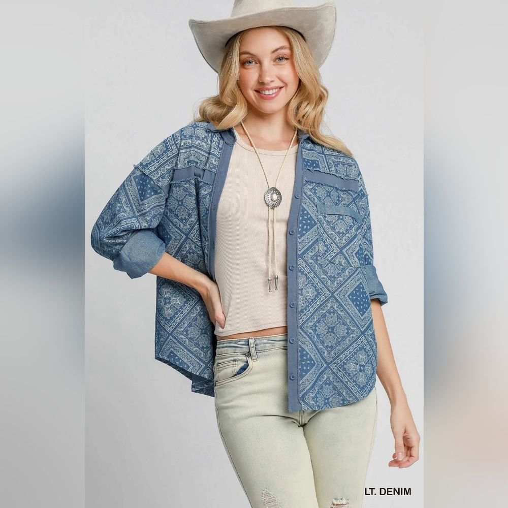 NWT Umgee Paisley Print Denim Shirt Jacket, Womens Medium Oversized Cotton Blend - Picture 2 of 10